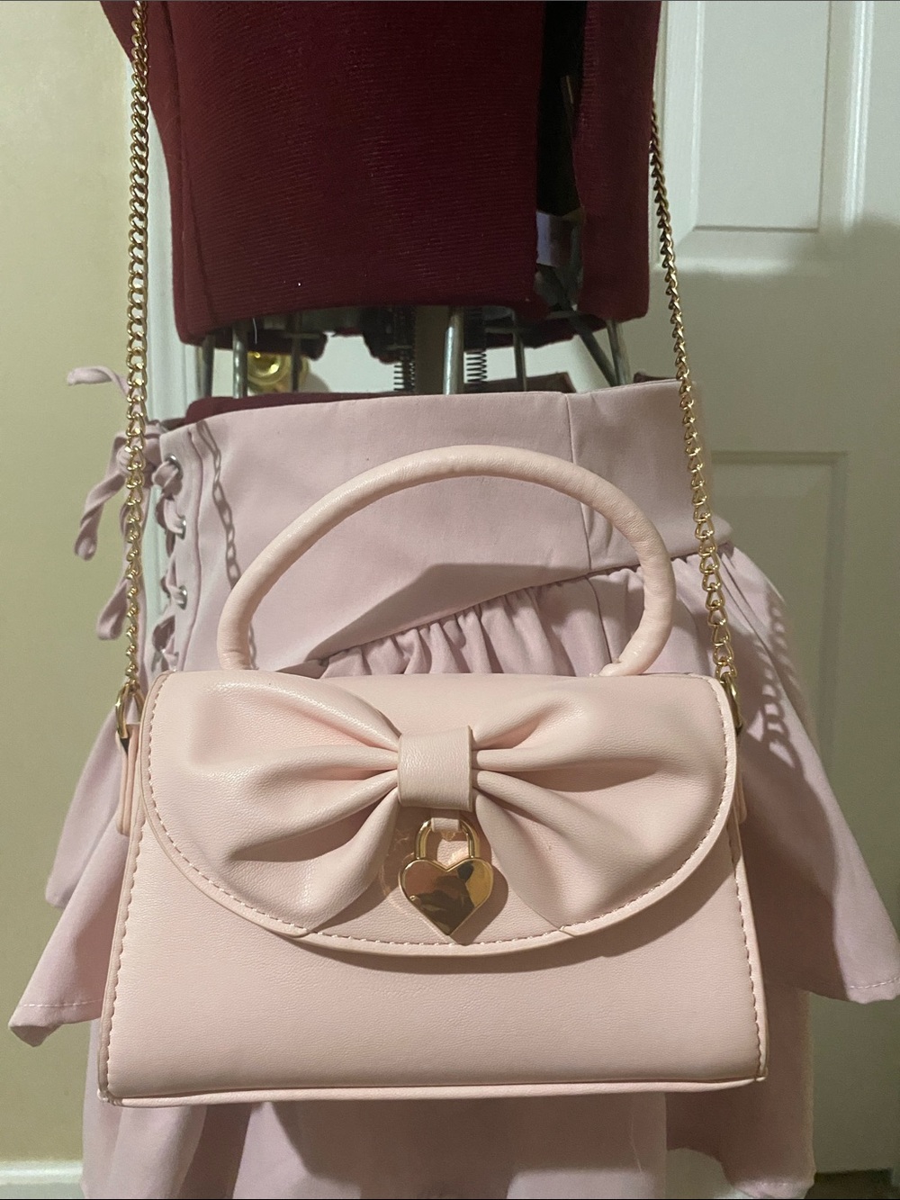 Women's Pink Bow Top-Handle Crossbody Bag with Heart Charm